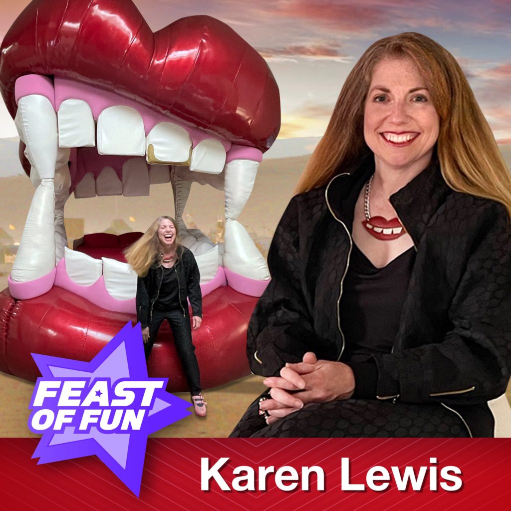 Karen Lewis as featured guest on Feast of Fun podcast talking about the mouth bed sculpture